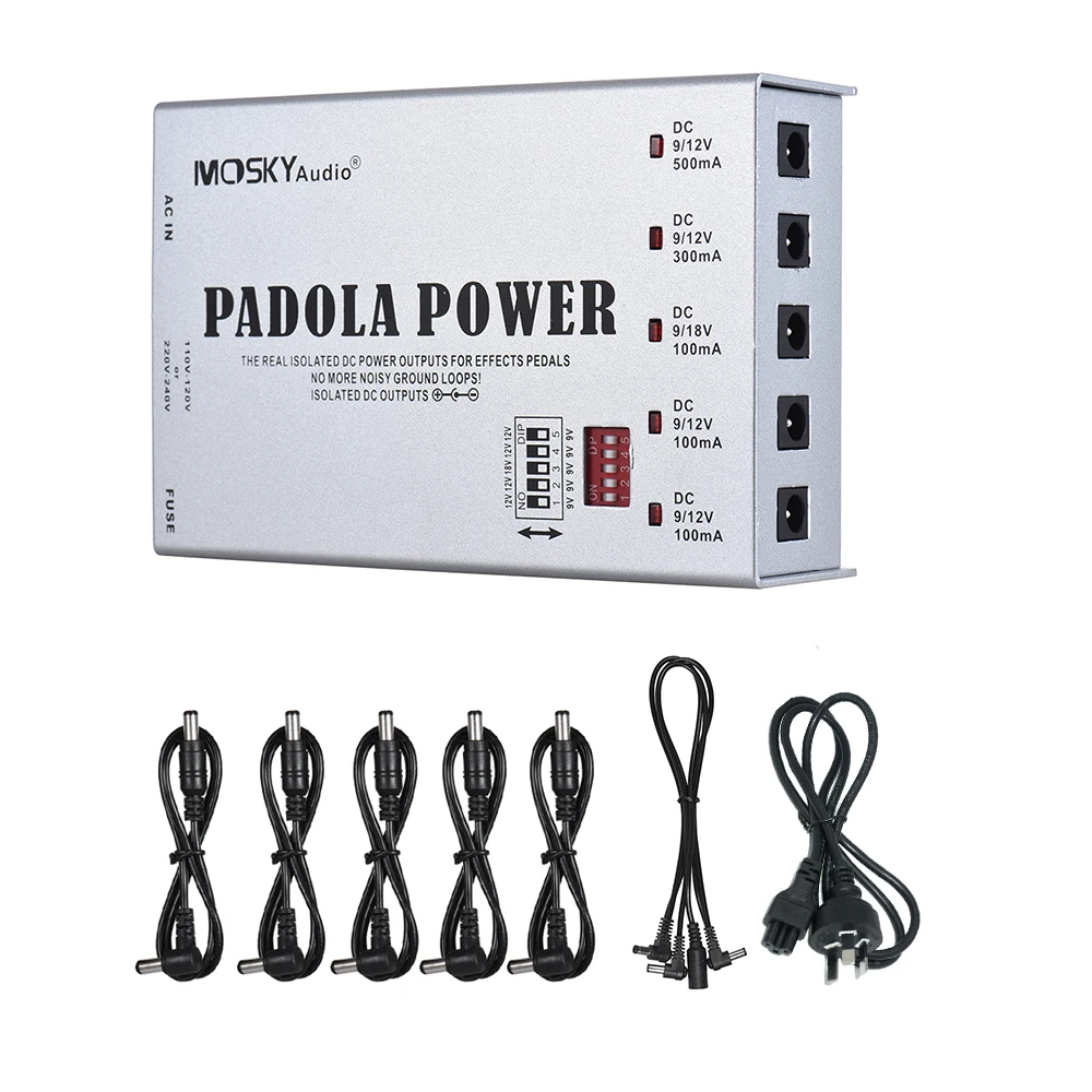 MOSKY PADOLA power 5 изолированных выходов Электропитание для гитарного эффекта для DC 9 в 12 В 18 в эффекты с защитой от короткого замыкания - Цвет: AU PLUG SILVER