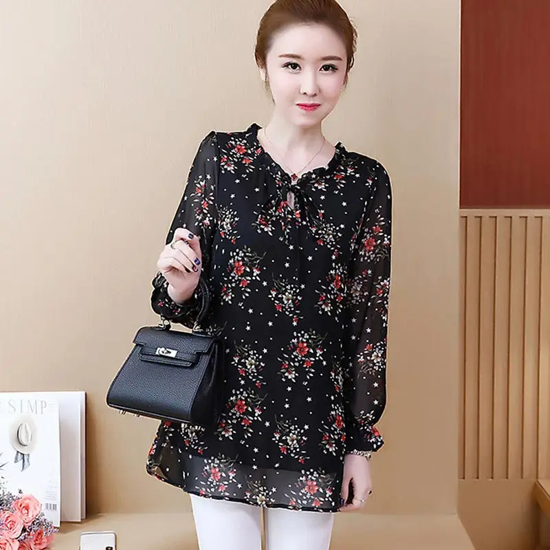 M-5XL Plus Size Korean Elegant Round Collar Long Sleeve Floral Printing Chiffon Shirt Women Blouse and Tops