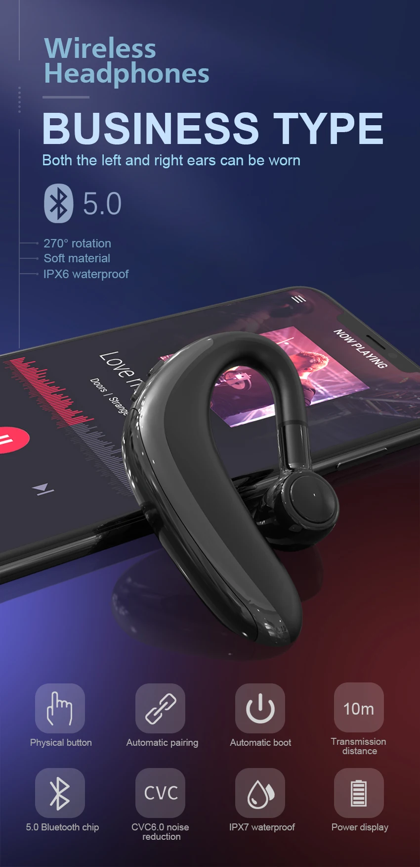 H500 Bluetooth V5.0 привод наушники беспроводной крючок дизайн удобный мобильный телефон чередование вкладыши для левого/правого уха гарнитура