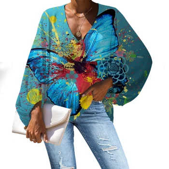 

MOZOEYU Blouse Women Fashion Animal 3D Cute Buttefly Printed Women's Chiffon Blouse Loose V-Neck Girls Tops Blouses