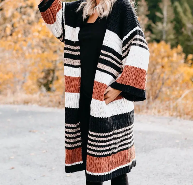 

Hot Ins Winter Antumn Female Casual Sweater Tops New Large Loose Striped Matching Cardigan For Women Coats Jackets Ladies