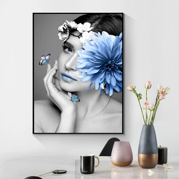 

Nordic Minimalist Creative Beauty Blue Flower Woman Canvas Painting Wall Art Pictures for Living Room Home Decor (No Frame)