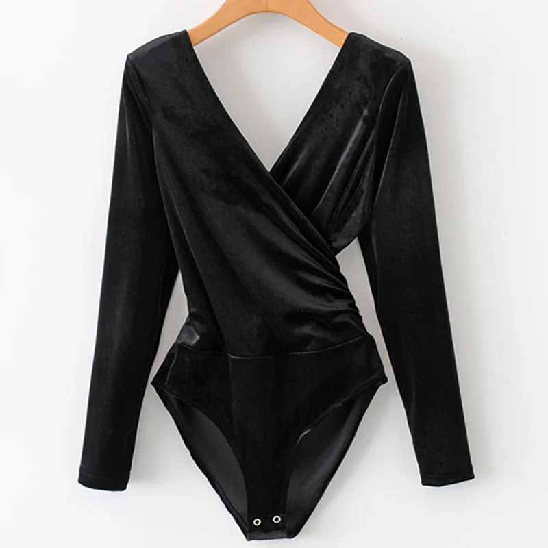 Fabric-Velour black SheMujerSky боди с длинным рукавом женские комбинезоны с открытой спиной черно-белые боди femme monos cortos de mujer - Цвет: Fabric-Velour black
