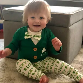 

Casual Fashion 3Pcs Baby Boy Gentleman Clothes St Patrick's Day Clover Bow Tie Romper Button Coat Pants Leggings Outfits 0-24M