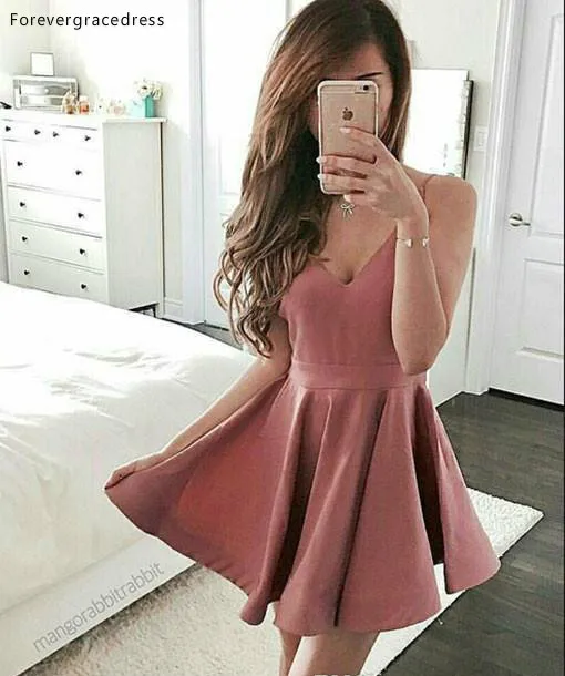 Cute A Line Cocktail Dresses 2017 Spaghetti Straps V Neck Homecoming Dresses Dark Pink Short Homecoming Gowns 120