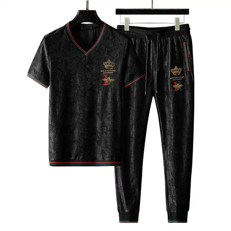 printing tide brand letter embroidery leisure sports suit men's loose size matching two-piece set