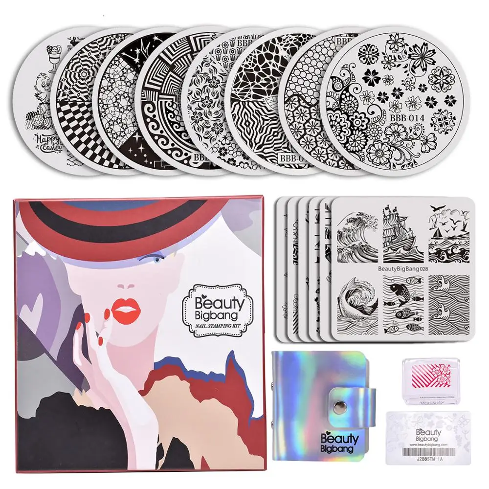 

BeautyBigBang Plates Nail Stamping 6 Square Plates + 8 Round Templates + Storage Bag + Nail Stamper Scraper Nail Art Set