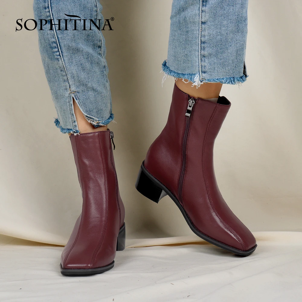 SOPHITINA Women's Chelsea Boots Zipper Wine Red Square Toe Elegant Autumn Winter Bootie Fashion 2020 New Women Shoes PC803