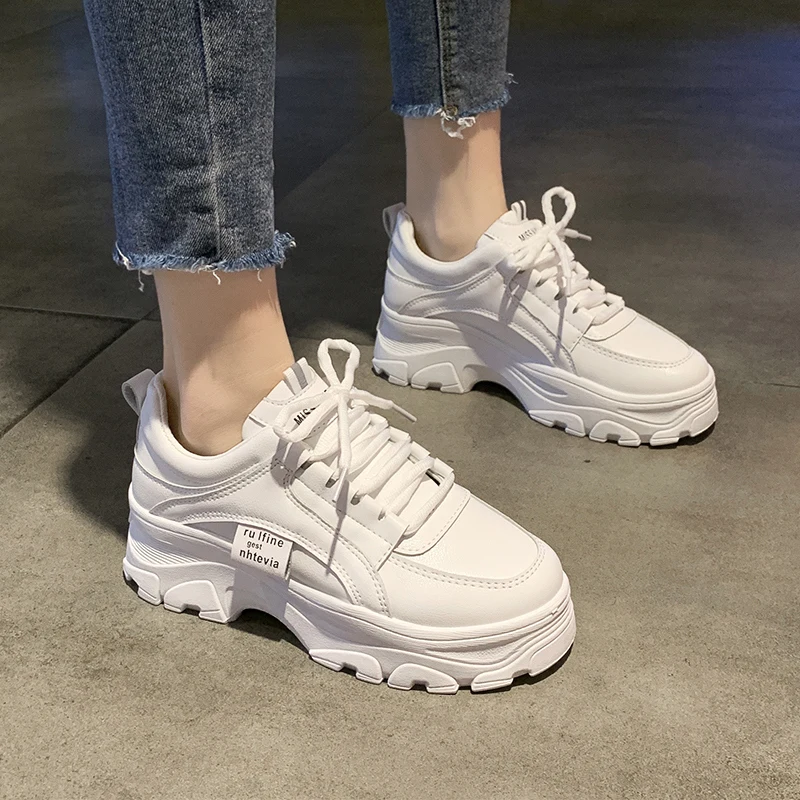 

2019 autumn casual shoes woman lace up round toe vulcanize shoes platform sneakers student 5cm bottom comfortable flats