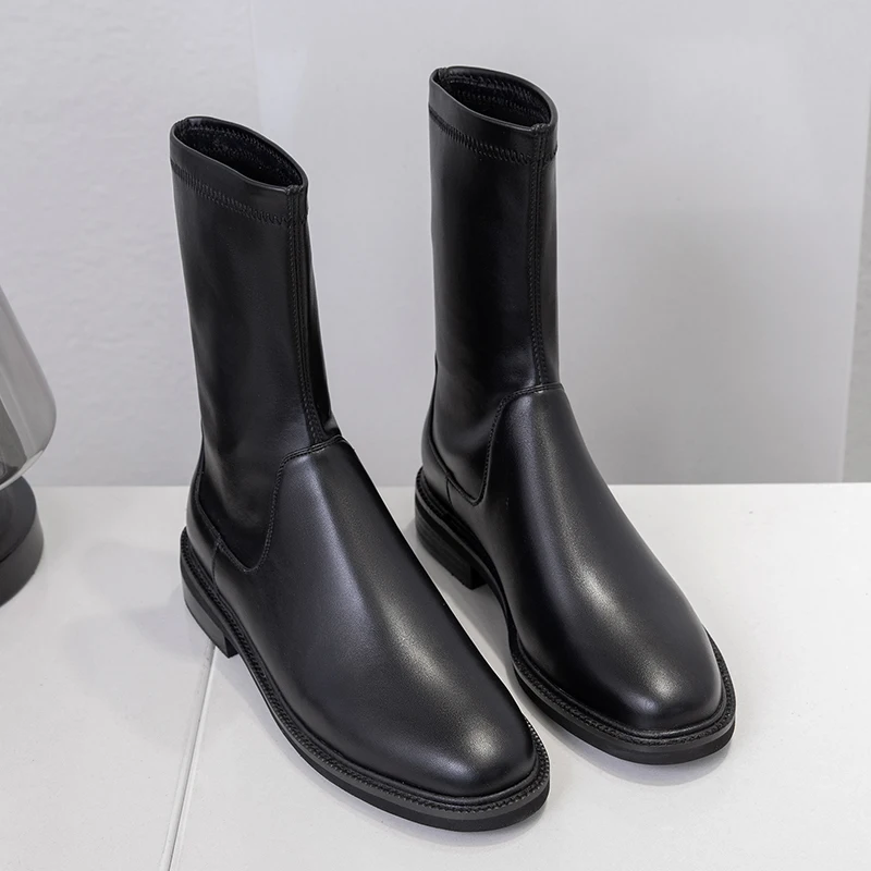 

2019 Popular Women roud Toe Ankle Boots Genuine Leather Chelsea Boots Brand Party Shoes Woman Fashion Chunky Heels high