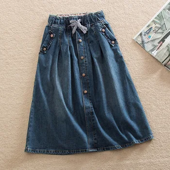 

071 New Women Skirts Summer Lace Up Elastic Waist Denim Skirts Loose Casual Female A-Line Skirts Jeans Saia Faldas Plus Size
