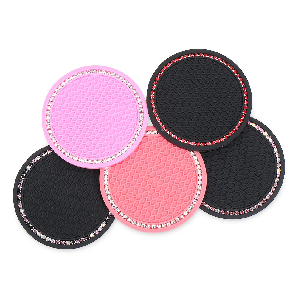 Bling Glitter Acrylic Diamond Car Coaster PVC Travel Auto Cup Mats Insert Coaster Anti Slip Crystal Car Interior Accessories