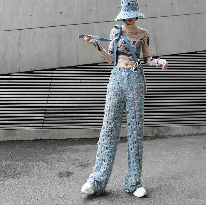 Streetwear Wide Leg Pants for Women High Waist Ripped Hole Denim Trousers Female Personality Jeans Pants Long Trousers