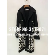 Толстое пальто, высококачественное женское черно-белое вязаное пальто средней длины, шерстяное вязаное пальто-кардиган с узором, куртка с поясом