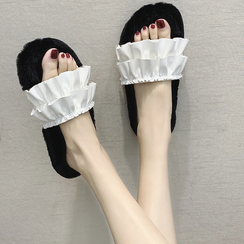 

2019 Women Plush Home Slippers with Faux Fur Warm Shoes Woman Slip on Flats Cute Female Slides Plus Size 35- 40