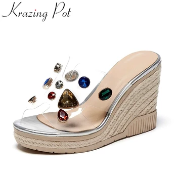 

Krazing pot peep toe super high heels straw wedges fashion outside slipper rhinestone decorations gorgeous hot leisure shoes L67