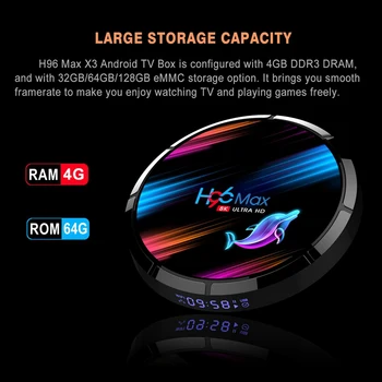 

New H96 MAX X3 Android 9.0 Smart TV Box 4G+64G Wireless IPTV Box 8K 4K USB Set Top Box WiFi 5G for Netflix Youtube Google Play E