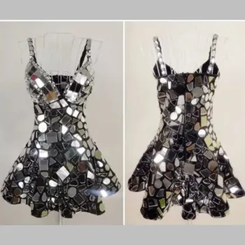 

Stage Costumes for Singers One-piece Dress Full-body Silver Lens Mirror Roupa Feminina DJMirror Dress Rhinestone Bodysuit 2020