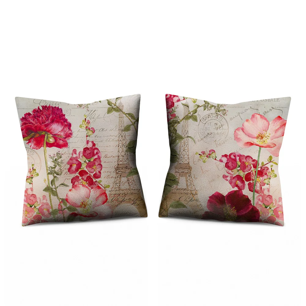 

Pink Paris Eiffel Tower Flower Flax Pillow Cover Summer Home Decoration Pillow Case Sofa Back Cushion Cushion Cover