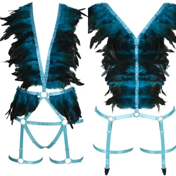 

Full Body Feather Harness Bra Garter Belt Harajuku Sexy Lingerie Set Bondage Top Plus Size Pole Dance Clothing Women Blue Suit