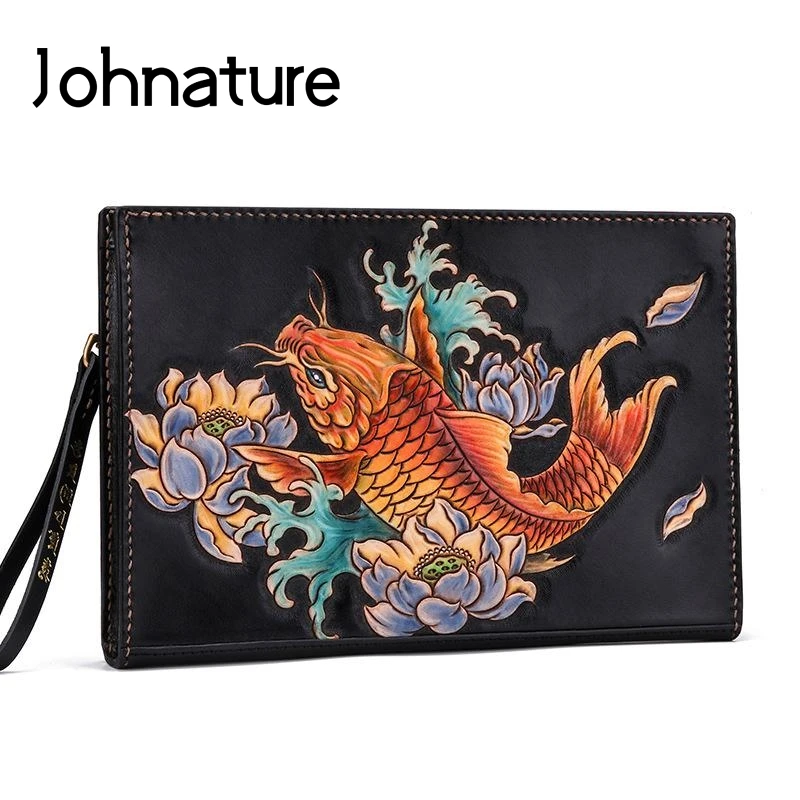

Johnature Retro Envelope Bag Luxury Men Clutch Bags Designer 2020 New Handmade Crafted Cow Leather Leisure Large Hand Bag
