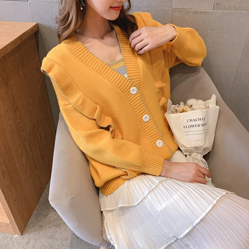 

Knitted Cardigan sweater Women 2019 New Fashion Button Autumn Winter Casual Simple Solid Sweater Female V-Neck Plus size Big