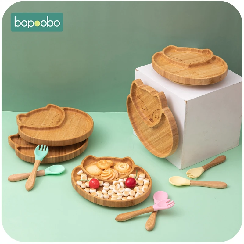 1set alimentación bebé de la placa de la cena ovejas de dibujos animados de Niños de alimentación vajilla con silicona taza de succión tenedor de madera Spoo