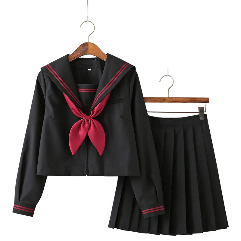 

Autumn Long Sleeve Japanese Student Uniform Teen Girls Sailor Uniform Black Blouse Pleated Skirt Red Bow Suit Girls JK Uniforms