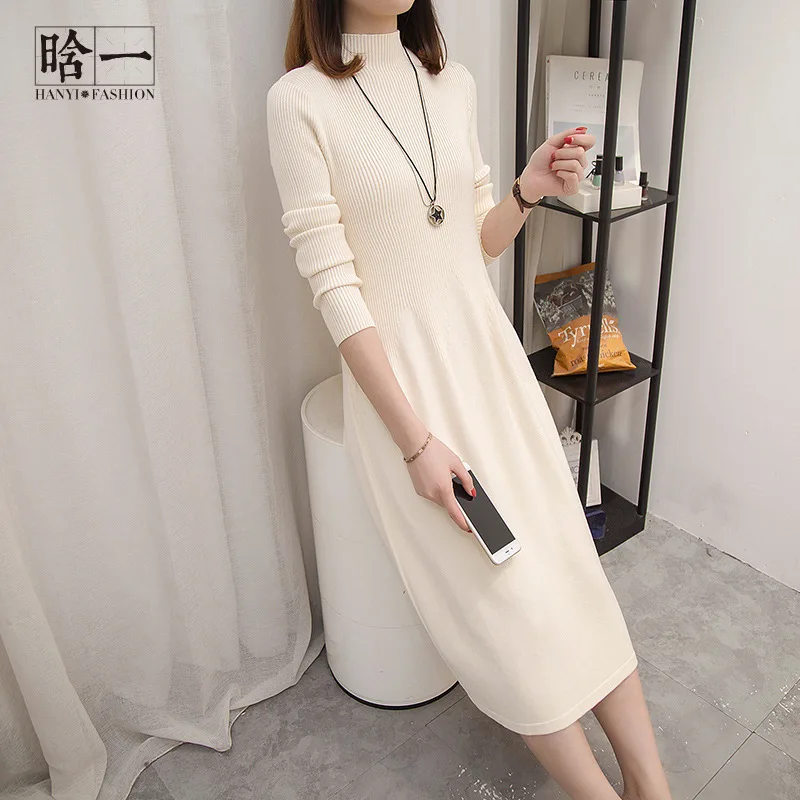

Autumn & Winter Base Mid-length Sweater WOMEN'S Dress Korean-style Long-sleeved Pullover Slimming Half-Turtle-Neck One Piece