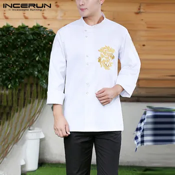 

INCERUN Men Chef Jackets Printed Button Long Sleeve Bakery Food Service Unisex Chef Uniform Restaurant Cook Kitchen Shirts 2020