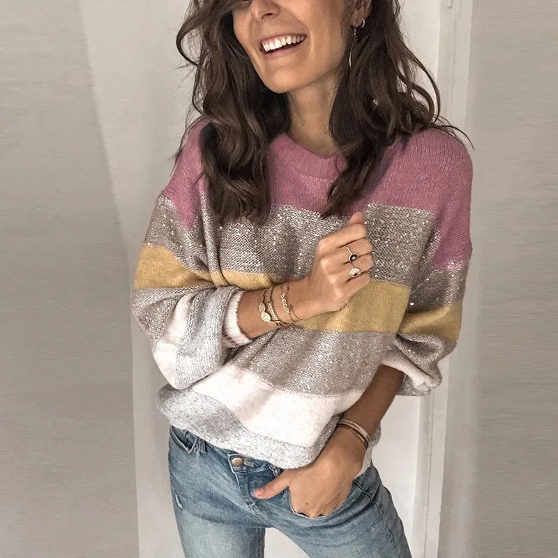 

2020 Women's Autumn and Winter New Loose Round Neck Sweater Multicolor Stitching Sweater Top Knitted Knitted Casual