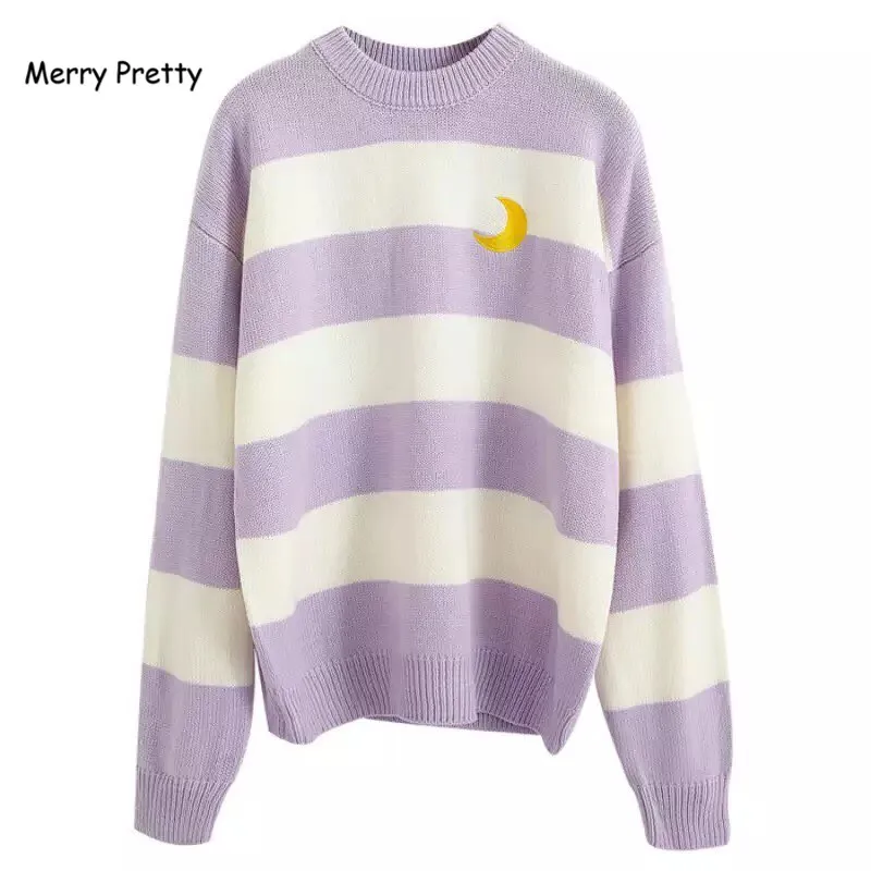 

Merry Pretty Korean Fashion Women's Sweaters Sweet Candy Color Striped Moon Sets Embroidery Sweater Female Harajuku Pullovers