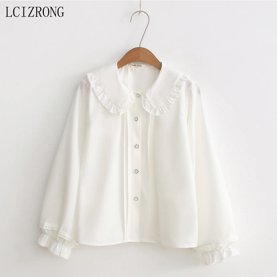 

Sweet Ruffles Peter Pan Collar White Blouse Women Mori Girl Long Sleeve Bottoming Shirt Loose Solid Cotton College Tops Female