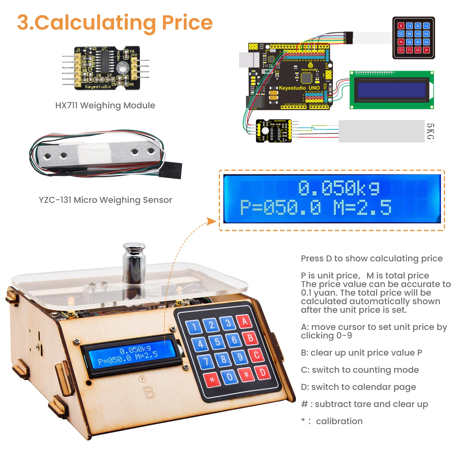 Keyestudio Electronic Scale Kit 5KG Digital Load Cell Weight Sensor HX711 for Arduino DIY Programming Electronic Kit STEM