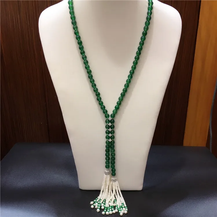 

925 silver jewelry Real 8mm green jade necklace 20inch women fresh water pearl tassel jewelry