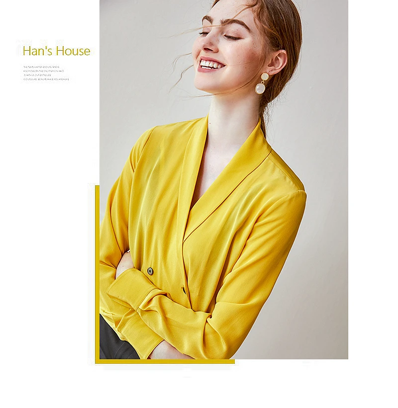 Шелковая блузка женская рубашка элегантный дизайн однотонный двубортный v-образный вырез с длинным рукавом офисные Топы ткань Новая мода