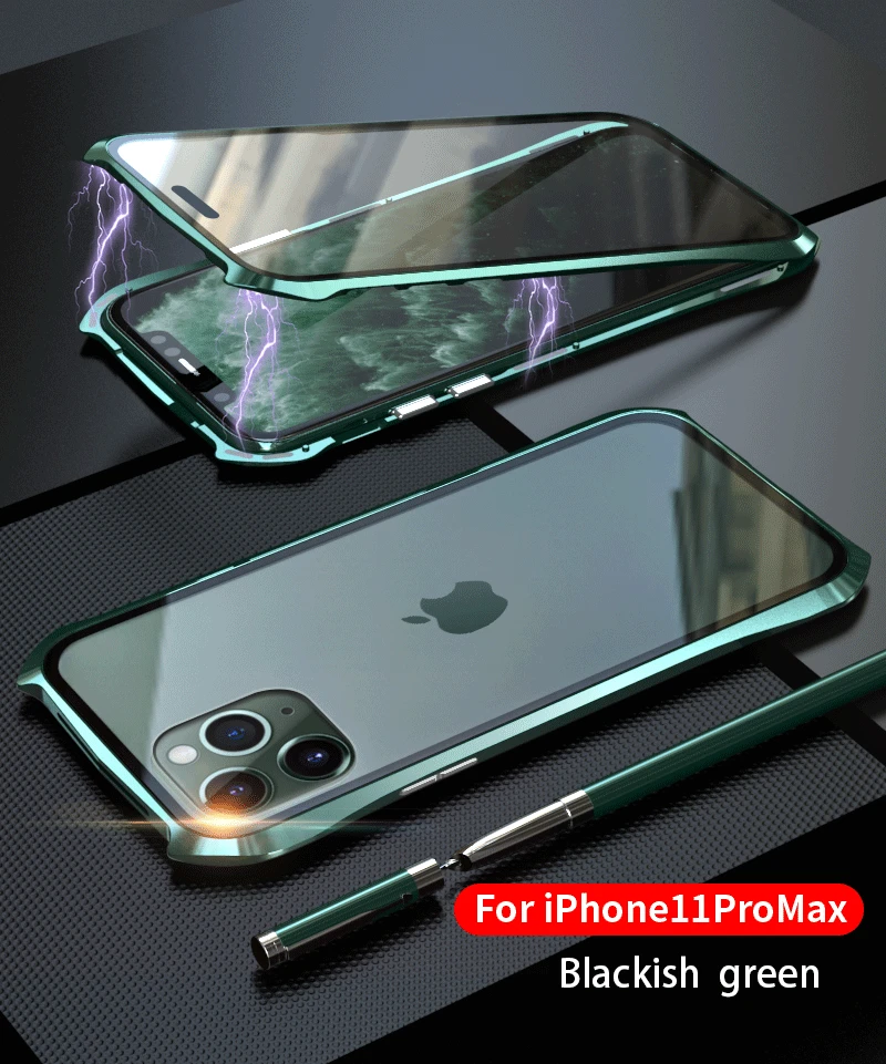 Для iPhone 11 Pro Max 11 чехол, стиль летучая мышь тонкая металлическая рамка, взрывозащищенный чехол из закаленного стекла с магнитной адсорбцией