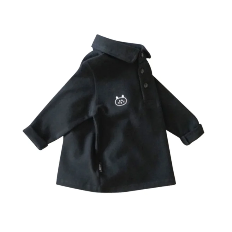 Autumn Baby Kids Long Sleeve Cotton Blouse Casual Boys And Girls Cartoon Embroidery Lapel Solid Color Comfortable Shirt - Цвет: Черный