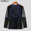 Men T Shirt Mesh Patchwork See Through O neck Long Sleeve Streetwear Hollow Out Tops Sexy