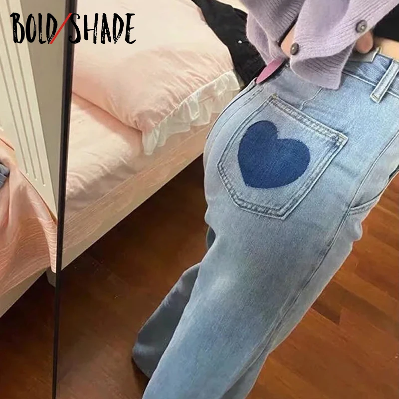 

Bold Shade 90s Vintage Fashion Y2K Denim Jeans Heart Print Blue Grunge Streetwear Baggy Pants Hight Waist Women Skater Trousers