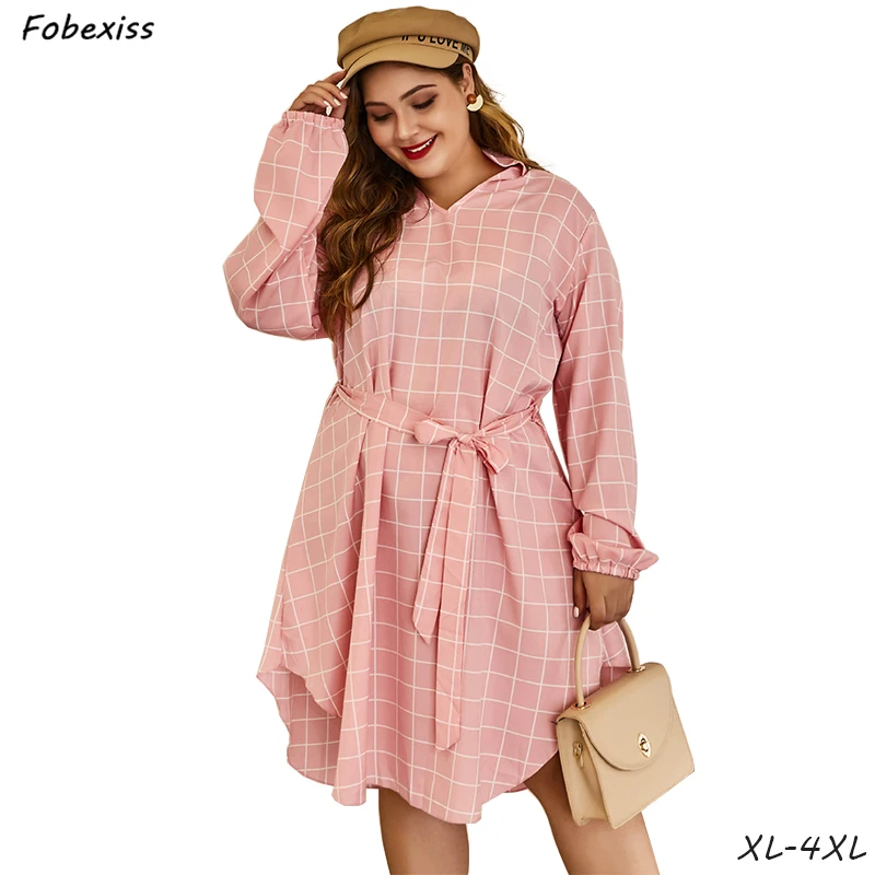 

Pink Plaid Shirt Dress Woman Plus Size 4XL Long Sleeve Cotton Belted Midi Dress Spring Sweet New 2019 Clothes Autumn Dress Woman