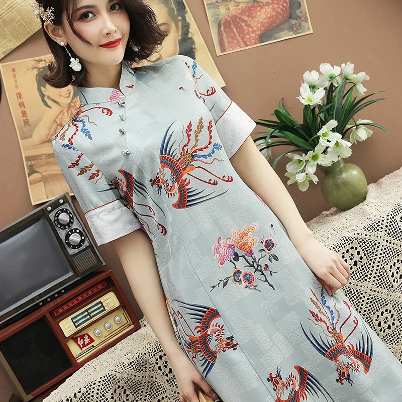 Весенние новые элегантные женские Cheongsam короткое ожерелье с косой планкой на пуговицах платья синие повседневные короткие тонкие платья чонсам