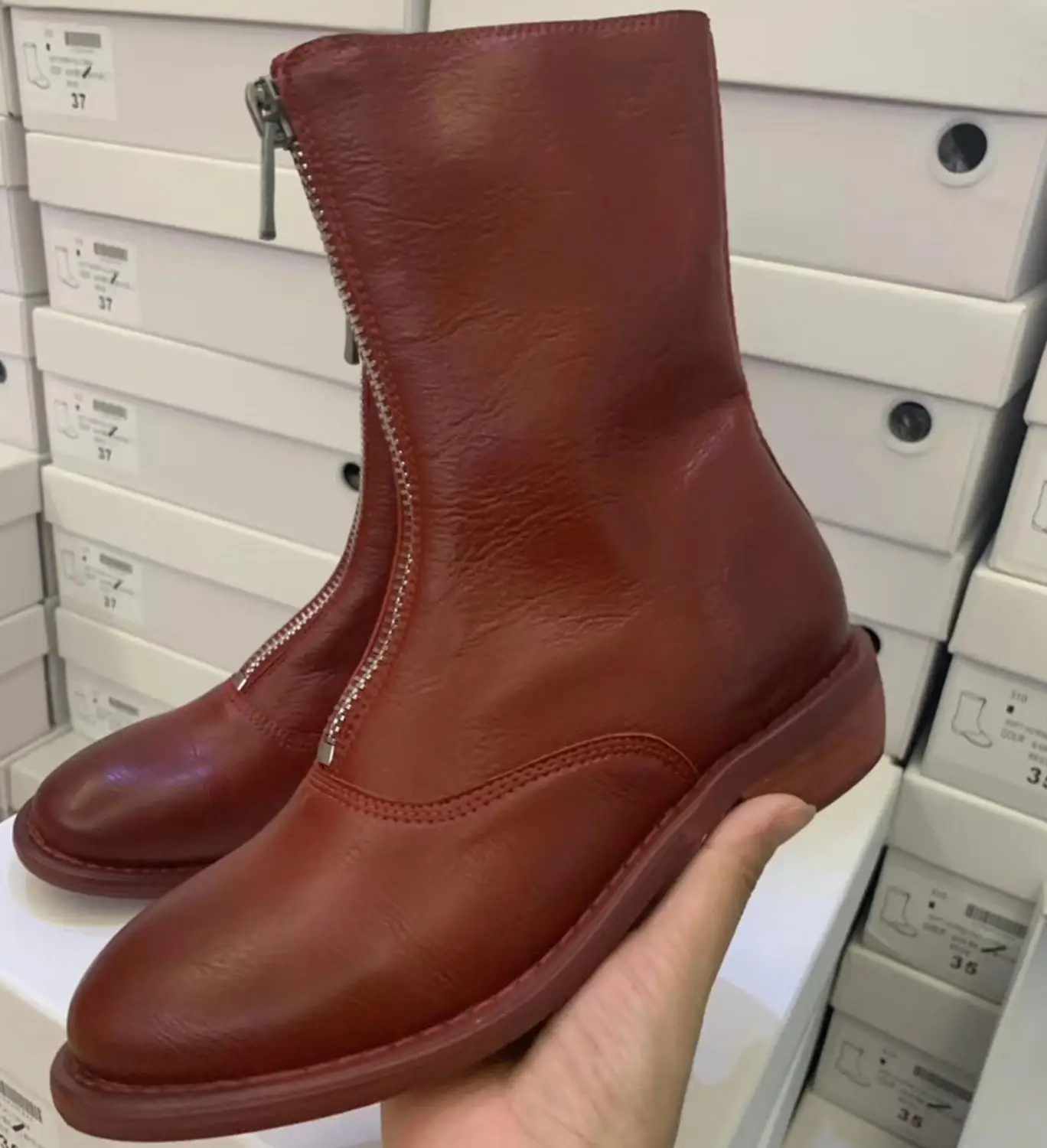 Wine red boots Модные женские ботинки; короткие ботинки на молнии спереди в стиле ретро; женские Ботинки Martin В рыцарском стиле; Цвет Черный; круглый деревянный каблук - Цвет: Wine red boots