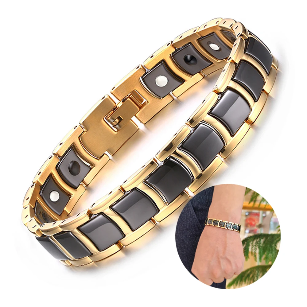 

Vinterly Steel Magnetic Bracelet Male Black Ceramic Energy Germanium Bracelets Men Hand Chain Gold Color Hologram Bracelet Male