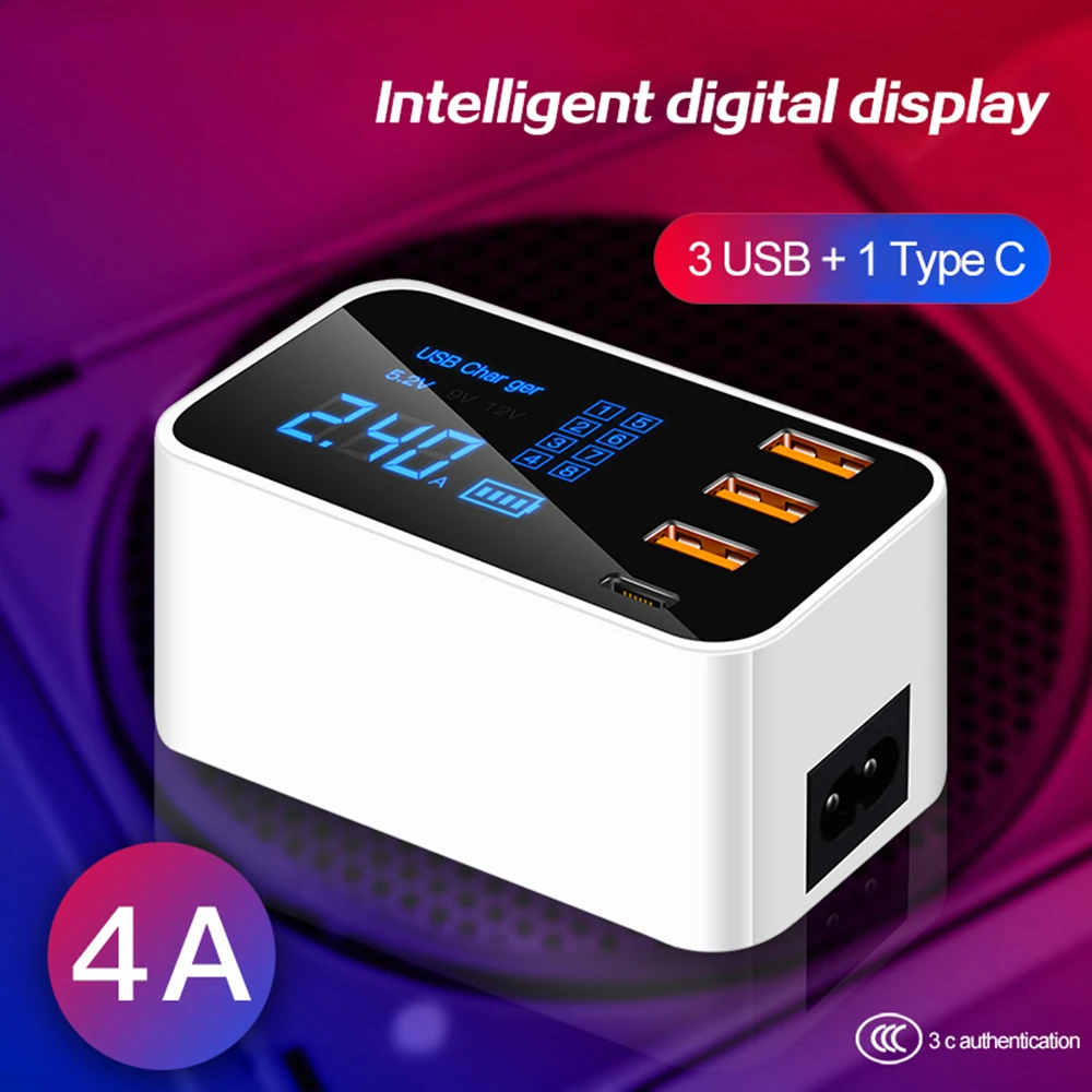 

Зарядное устройство USB Type-C со светодиодным дисплеем и 4 портами