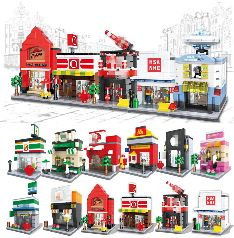

Legoing City Mini Street Retail Store model compatible building block brick KFEC Cafe Apple Miniature toy for kid Christmas gi