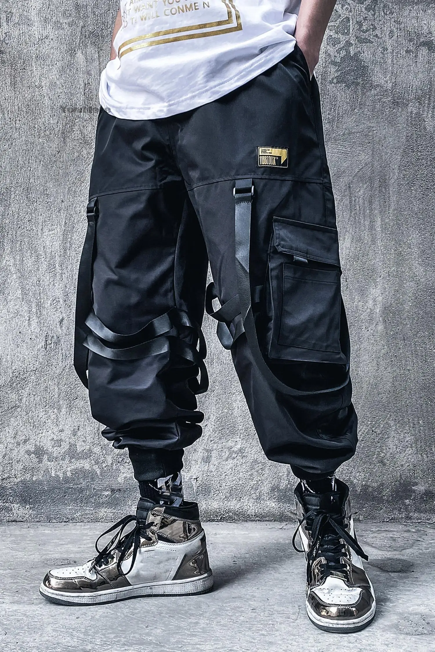 Men's Ribbon Straps Studded Techwear Jogger Punk Ankle Cargo