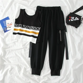 

2020 Spring Summer 2 Piece Set Women Safari Style Casual Streetwear Letter Short T Tops+high Waist Pockets Long Pants Women Sets