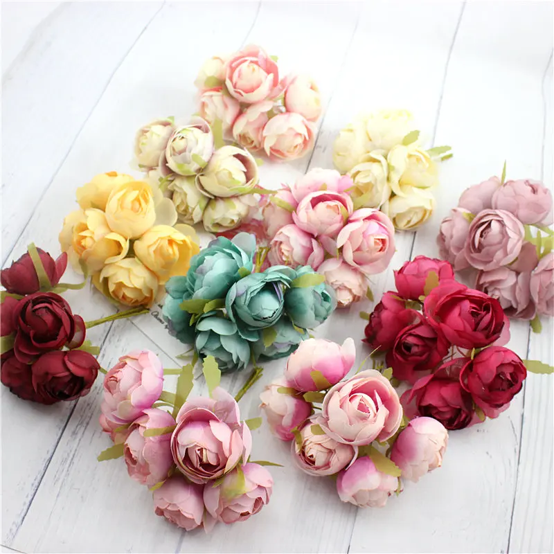 

6pcs handmade diy silk simulation rose tea bag wedding bridal bouquet party decoration simulation fake flower