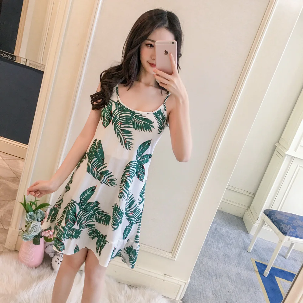 

Women's Spring And Summer Pajamas with Chest Pad Strapped Dress Wear Free Bra Loose Sundress Outer Wear Mid-length Nightgown (Se